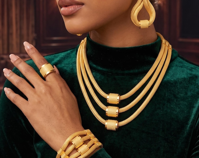 Luxury 24K Gold Color Multilayer Necklace Earrings Set, Bridal Wedding Party Jewelry