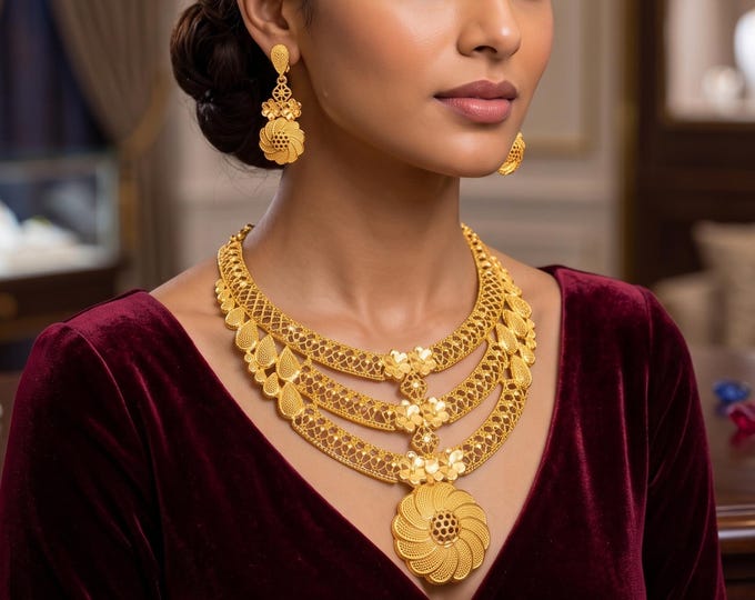Gold Tone Bridal Jewelry Set, Necklace, Bracelet, Earrings, Rings, African Inspired Wedding Gift