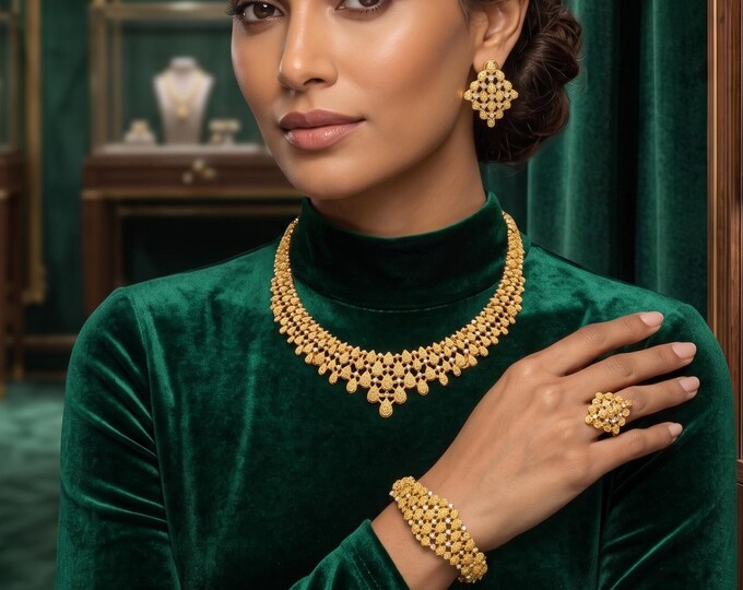 Gold Tone Bridal Jewelry Set, Necklace Earrings Bracelet Ring, Nigerian Indian Inspired Wedding Gift