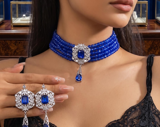 Statement Crystal Jewelry Set, Geometric Multilayer Necklace, Drop Earrings