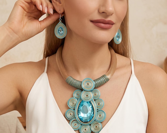 Large Water Drop Resin Gem Necklace Earrings Set, Woven Aluminum Wire Statement Jewelry