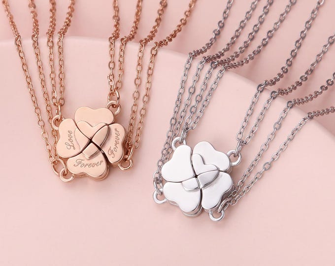 4PCS Magnetic Four Leaf Clover Friendship Necklaces, Matching Heart Pendants