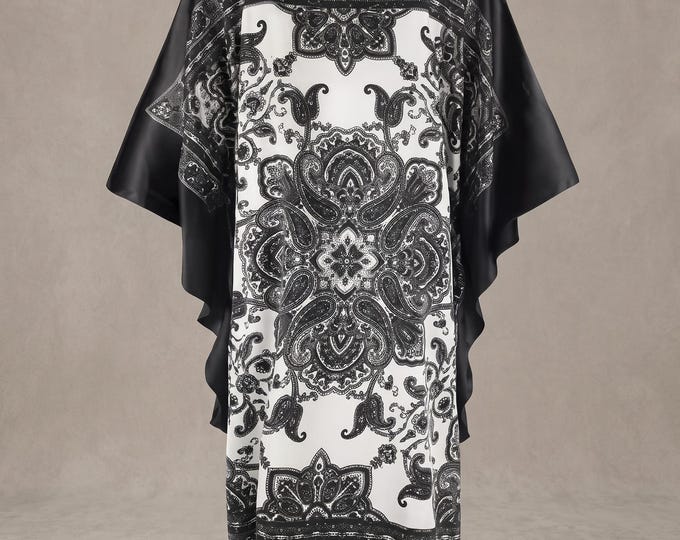 Women's Satin Kimono Robe, Black White Paisley Print, Lightweight Summer Loungewear,