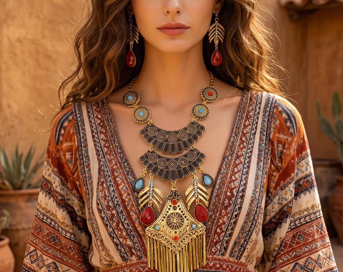 Boho Ethnic Jewelry Set, Geometric Flower Pendant Necklace, Matching Earrings, Colorful Gemstone Accents