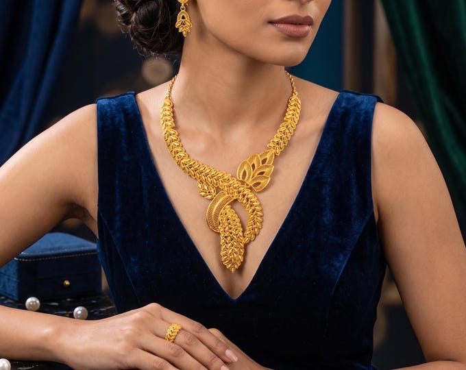 Ethiopian-Inspired Gold Tone Jewelry Set, Hollow Pendant Necklace & Earrings