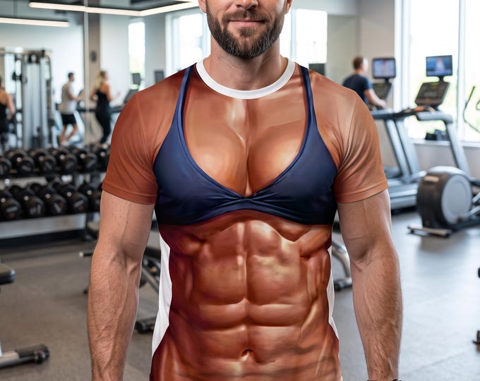 Funny 3D Fake Abs Muscle Graphic T-Shirt, Novelty Cosplay Party Tee