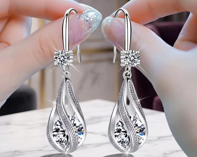 925 Sterling Silver Crystal Zircon Drop Earrings, Elegant Women's Wedding Jewelry