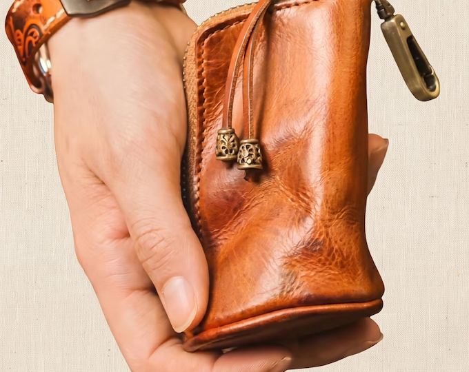 Handmade Genuine Leather Key Case, Vintage Vegetable Tanned Key Holder, Waist Coin Purse