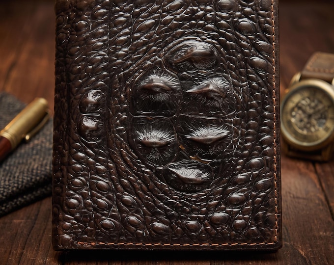 Genuine Leather Crocodile Pattern Bifold Wallet, Slim Card Holder Clutch