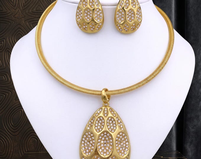 Gold Dubai Style Necklace Earrings Set, Bridal Wedding Jewelry, Elegant Statement Set,