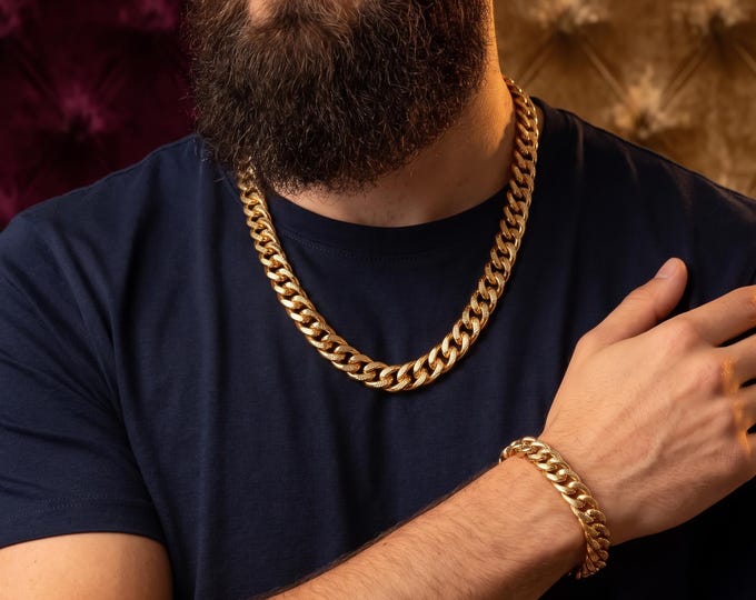 10MM Gold Stainless Steel Cuban Link Chain Necklace, Streetwear Curb Jewelry