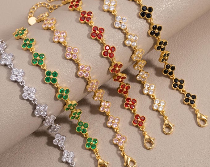 Four Leaf Clover Bracelet, Stainless Steel CZ Flower Jewelry, Adjustable Lucky Charm
