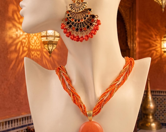 Vintage Orange Beaded Choker Necklace and Earrings Set, Boho Statement Jewelry
