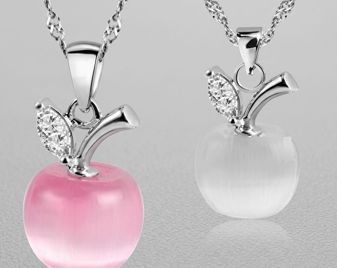 925 Sterling Silver Apple Necklace, Zircon Pendant, Dainty Fruit Jewelry