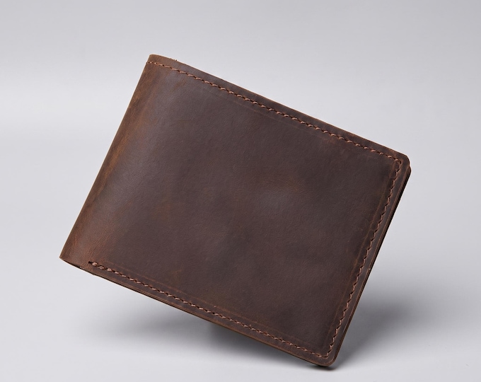 Retro Genuine Leather Bifold Wallet, Crazy Horse Cowhide Card Holder, Vintage Style