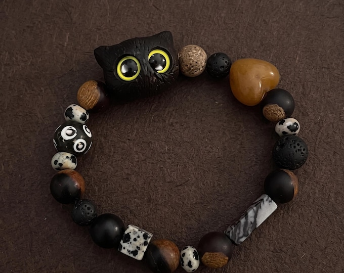 Black Cat Beaded Bracelet, Cartoon Animal Friendship Jewelry