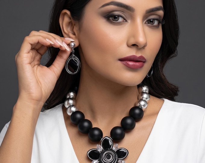 Woven Aluminum Wire Flower Jewelry Set, CCB Crystal Accents, Statement Necklace Earrings