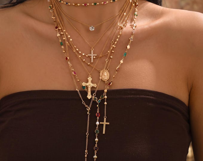 Gold Layered Cross Necklace Set, Y2K Colorful Rhinestone Pendant Chains