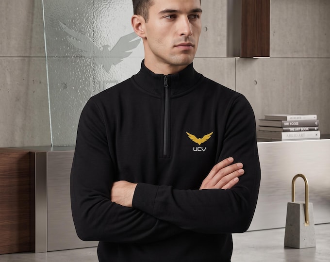 Men's Black Quarter Zip Pullover, Embroidered Eagle Logo, Casual Winter Sweatshirt