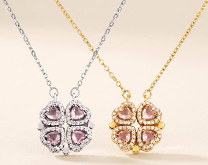 2-in-1 Magnetic Four Leaf Clover Heart Necklace, Pink Zircon Stainless Steel Lucky Pendant