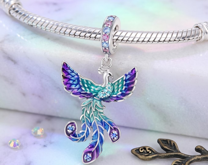 Sterling Silver Phoenix Charm Bead, Lucky Eternal Pendant, DIY Bracelet Necklace Charm