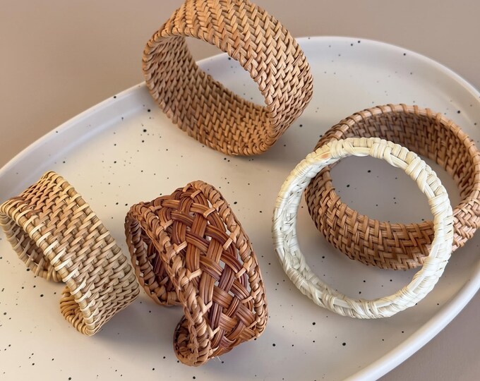 Handwoven Bamboo Rattan Cuff Bracelet, Coffee Wood Bangle, Ethnic Boho Statement Jewelry