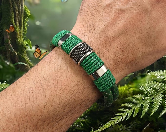 Men's Braided Leather Bracelet, Stainless Steel Charm, Magnetic Buckle, Casual Wristband