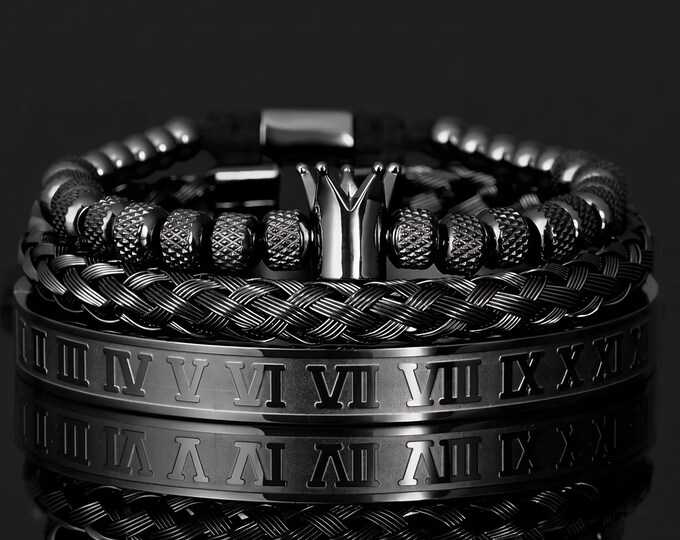 Royal Crown Charm Bracelet, Stainless Steel Cuff, Roman Numeral Geometric Design