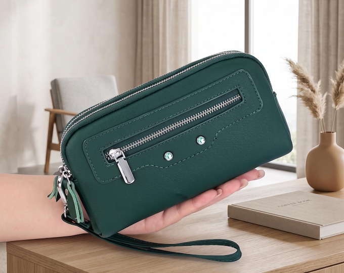 Leather Wristlet Clutch, Triple Zipper Organizer, Phone Wallet for Women