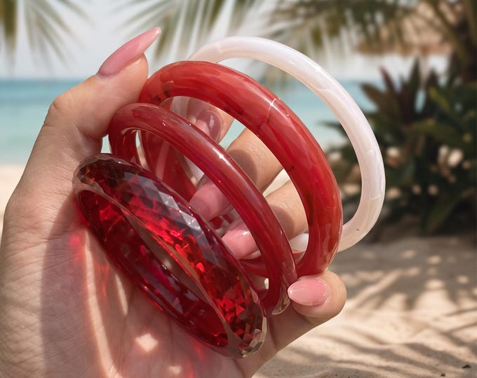 Red Resin Bangle Set, Transparent Geometric Cut Chunky Bracelets