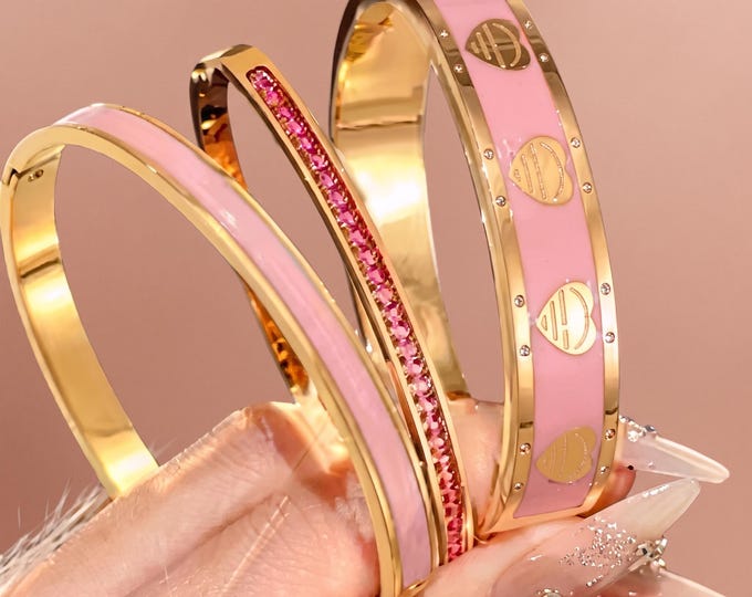 Pink Zircon Enamel Stainless Steel Bracelet, Romantic Adjustable Jewelry