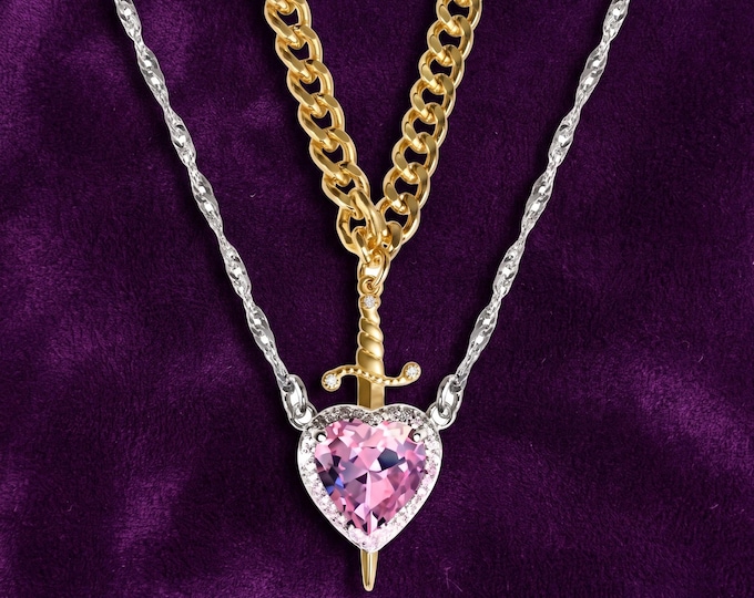 Heart Sword Necklace Set, 18K Gold Plated Stainless Steel, Zircon Crystal Matching Jewelry