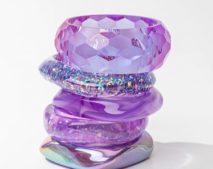 Purple Resin Bangle Set, Transparent Geometric Acrylic Bracelets, Boho Summer Stackable Jewelry