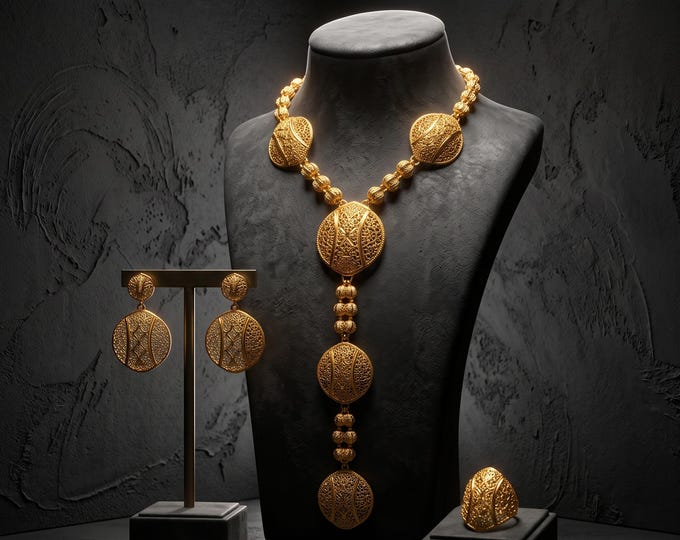 Gold Tone Bridal Necklace Earring Set, Statement Party Jewelry
