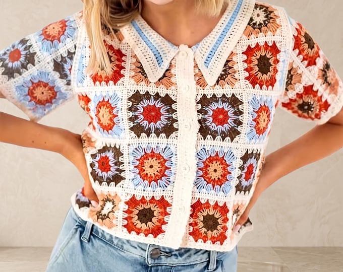 Granny Square Crochet Crop Top, Boho Button-Up Knit Blouse, Summer Beach Cover-Up