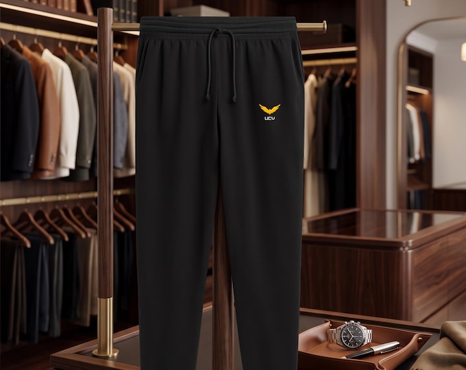 Men's Black Tapered Joggers, Embroidered Eagle Logo, Casual Gym Sweatpants