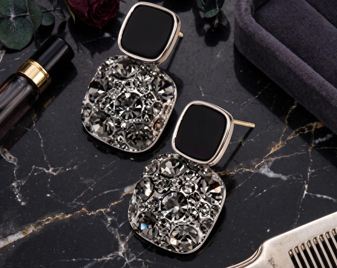 Geometric Crystal Drop Earrings, Vintage Gold-Tone Statement Jewelry
