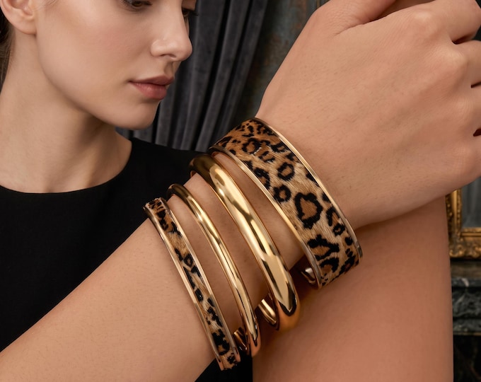 Boho Leopard Print PU Leather Bangle Set, Retro Layered Cuff Bracelets