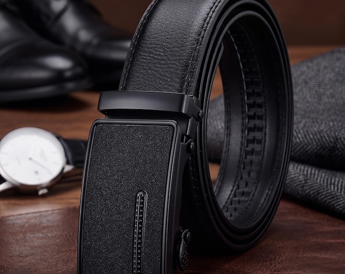 Genuine Cow Leather Automatic Belt, Black Dress Business Strap