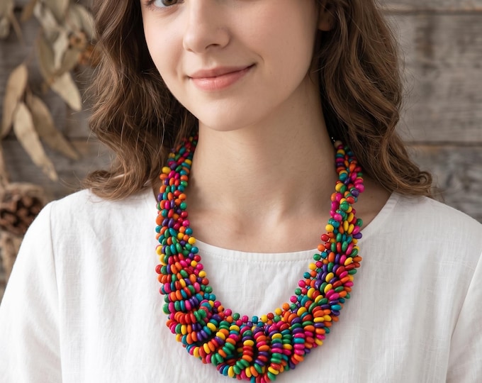 African Boho Wooden Bead Necklace, Colorful Tribal Statement Jewelry, Summer Party Accessory