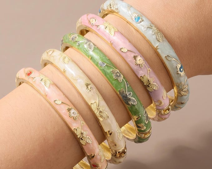 Vintage Cloisonne Enamel Floral Bangle Set, Boho Stackable Bracelets, Oil Drop Jewelry
