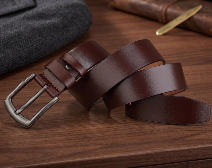 Genuine Cow Leather Belt, Vintage Pin Buckle, Men's Casual Dress Belt (100–130cm)