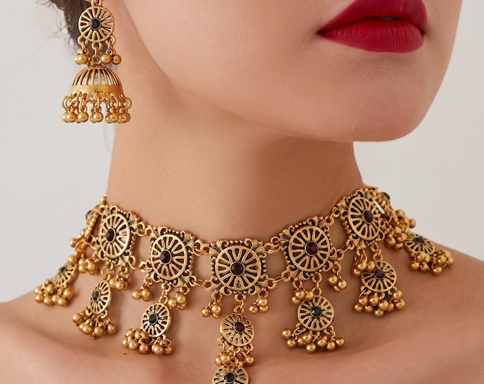 Vintage Hollow Flower Necklace Tassel Earrings Set, Ethnic Metal Bead Statement Jewelry