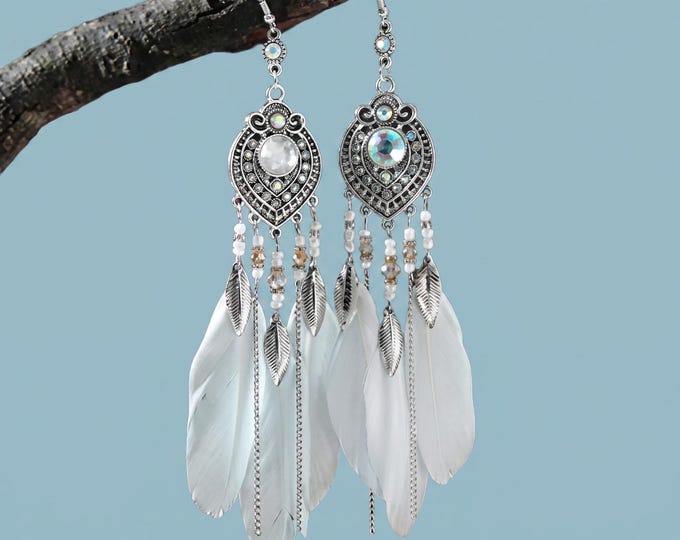Boho Feather Tassel Drop Earrings, Long Leaf Dangle, Rhinestone Crystal Beaded Wedding Jewelry