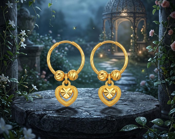 Gold Tone Heart Hoop Earrings, Elegant Statement Jewelry for Women