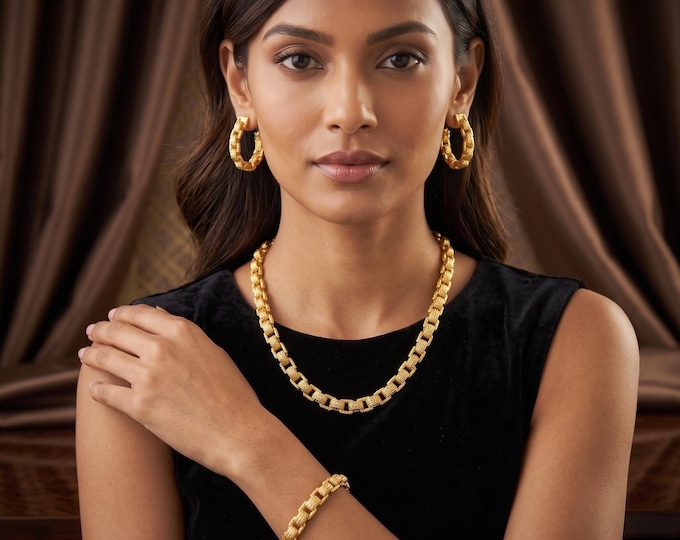 Gold-Plated Bridal Jewelry Set, Necklace & Earrings, Indian African Inspired Party Gift