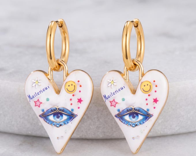 Gold Stainless Steel Heart Eye Hoop Earrings, Colorful Enamel Vintage Pendants