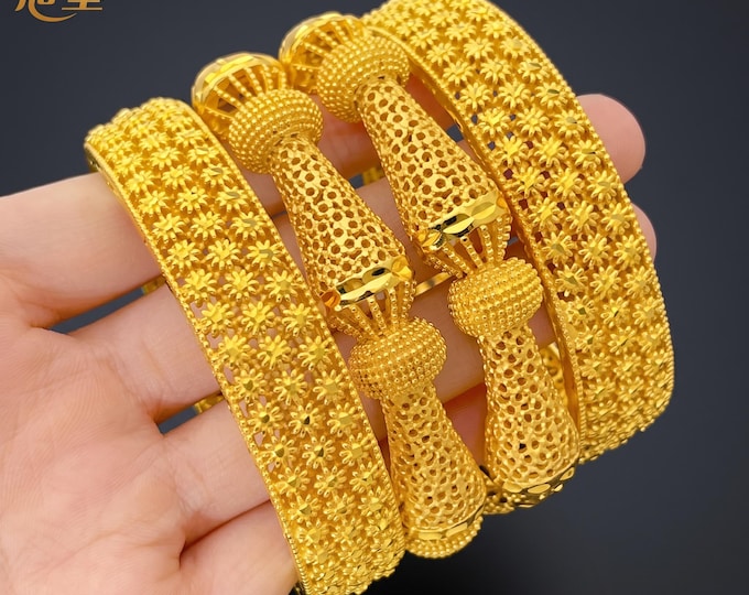 24K Gold Color Dubai Bangles, African Bridal Wedding Jewelry, Stackable Bracelets