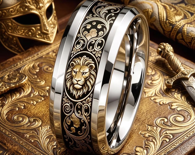 Vintage Lion Head Ring, Gothic Stainless Steel Signet, Baroque Punk Biker Jewelry