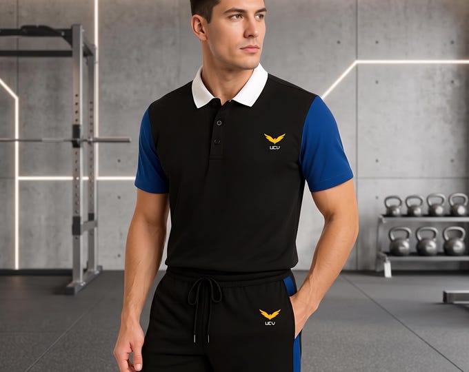 Men's Black Blue Polo Joggers Set, Embroidered Eagle Logo Sportswear (2-Piece)
